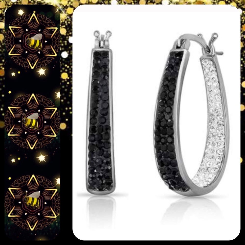🐝• Swarovski Black/White Hoop Earrings 18k White